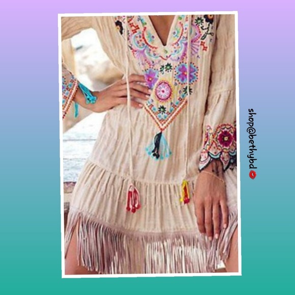 Boho Tasseled Embroidered Mini Dress - Picture 4 of 4